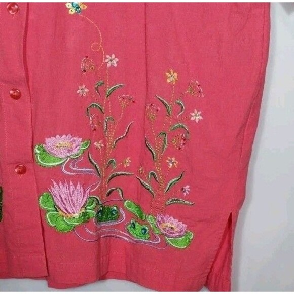 VTG Button Up Top XL Pink Embroidered Beaded Frogs Grandmacore Cottagecore Boho - Picture 3 of 11